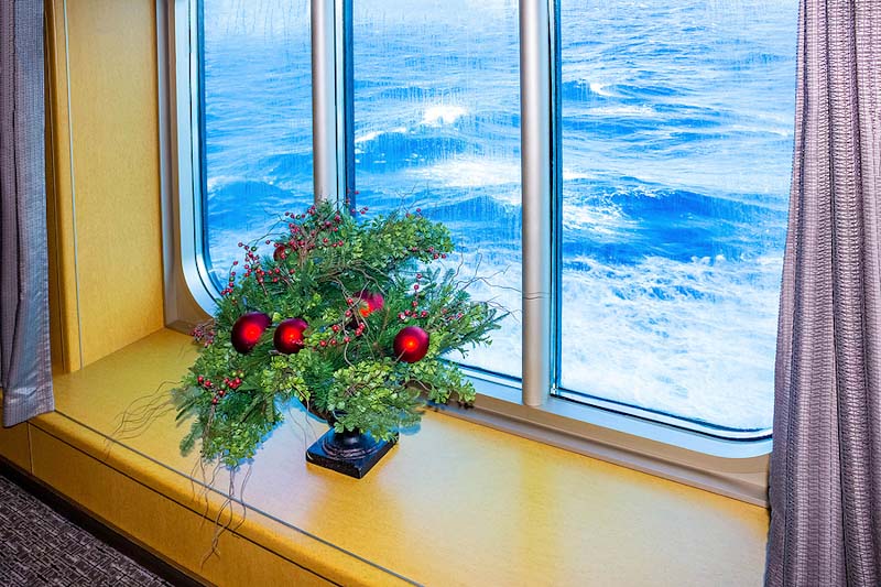 Utsikt från skepp, julblomma i fönster